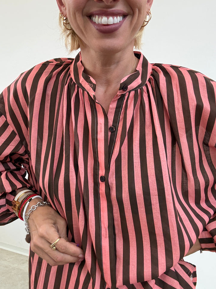 CAMICIA MUSSOLA RIGA CIOCCO/FRAGOLA