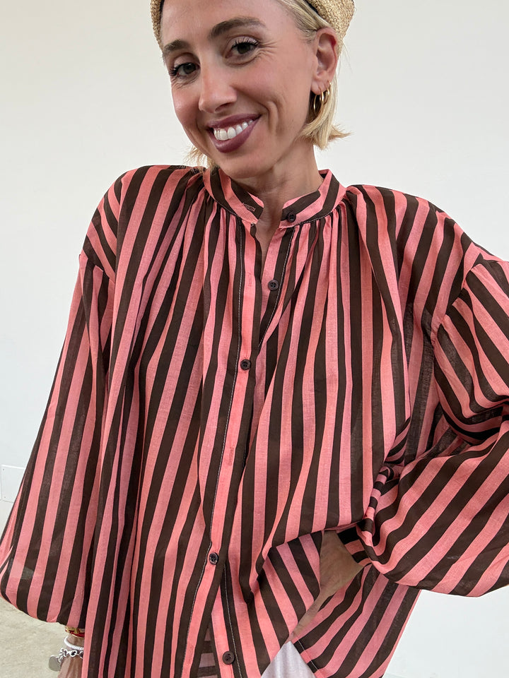 CAMICIA MUSSOLA RIGA CIOCCO/FRAGOLA