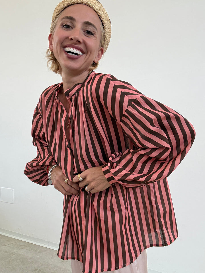 CAMICIA MUSSOLA RIGA CIOCCO/FRAGOLA