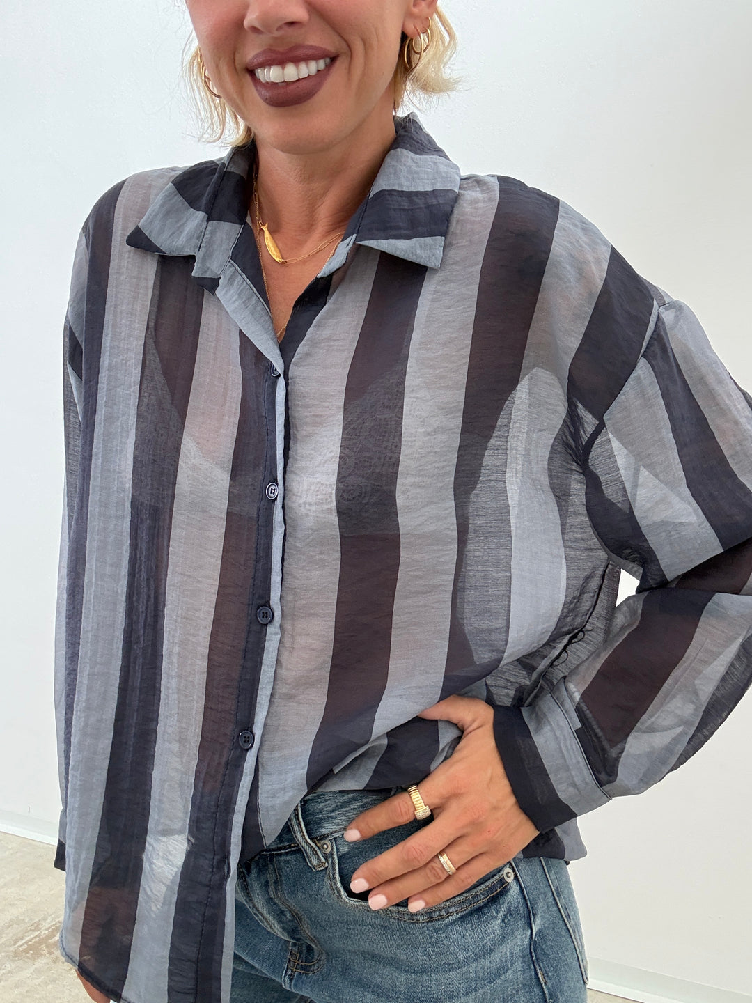 CAMICIA LIA COLLETTO RIGA BLU/INDIGO