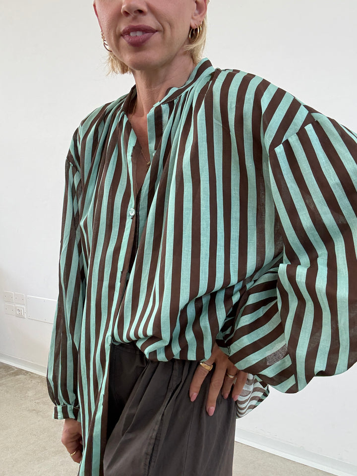 CAMICIA MUSSOLA RIGA MENTA/CIOCCO