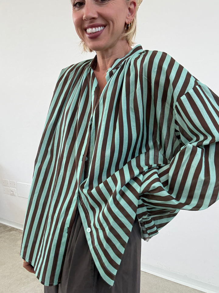 CAMICIA MUSSOLA RIGA MENTA/CIOCCO