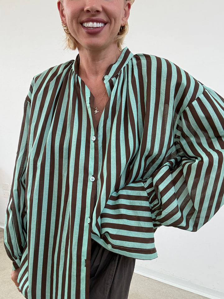 CAMICIA MUSSOLA RIGA MENTA/CIOCCO