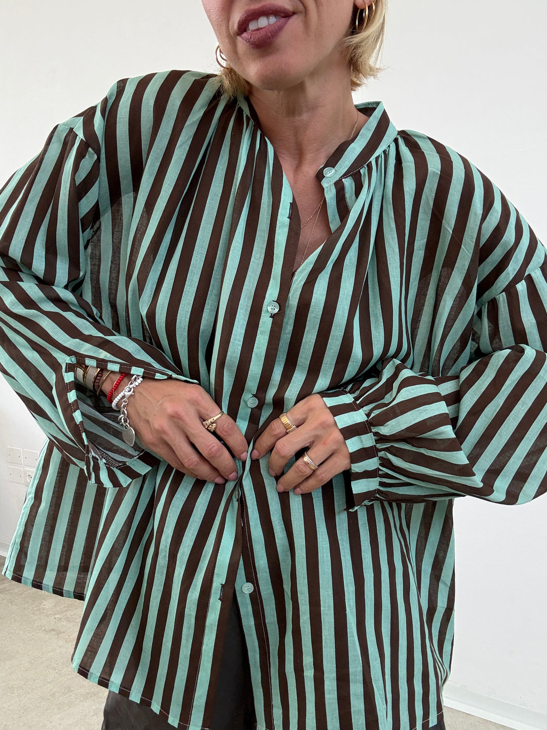 CAMICIA MUSSOLA RIGA MENTA/CIOCCO