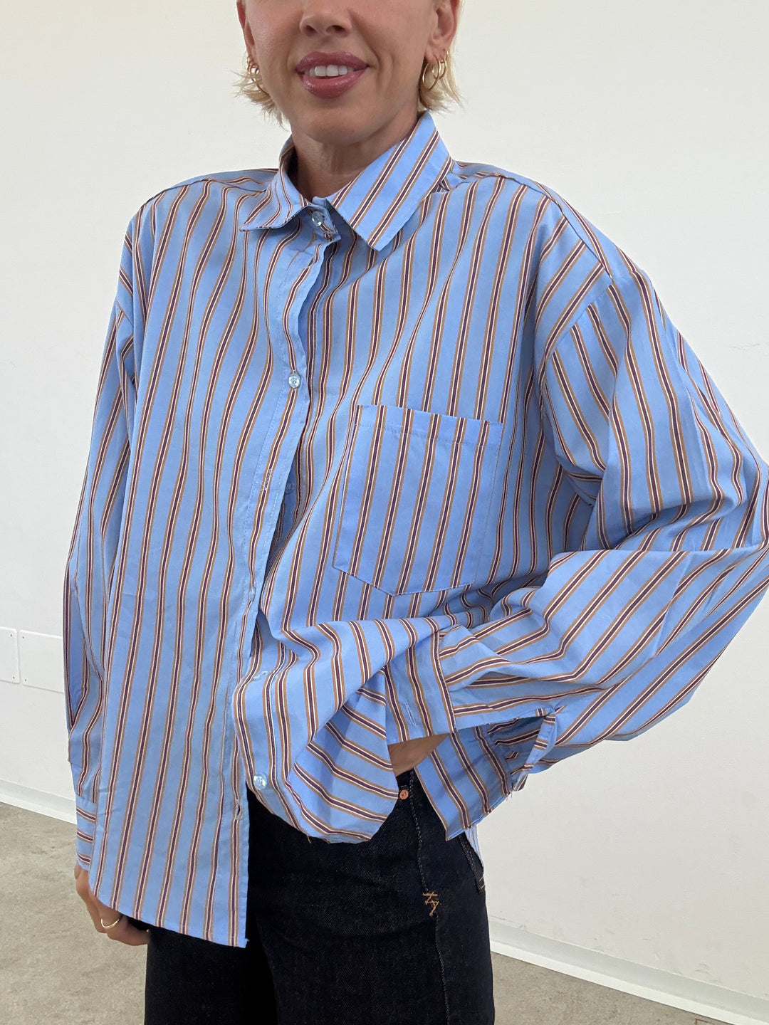 CAMICIA MANUELA RIGA CELESTE/BEIGE