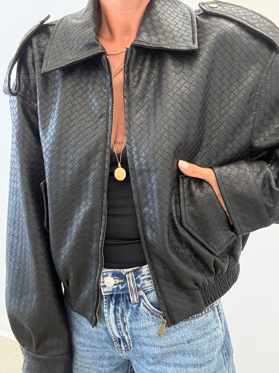 BOMBER INTRECCIO ECOPELLE NERO
