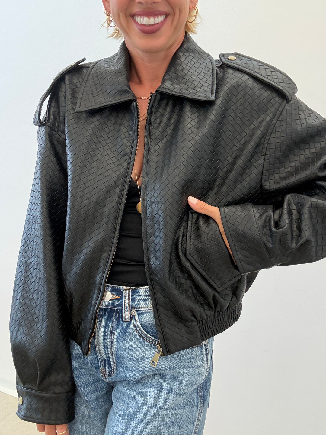 BOMBER INTRECCIO ECOPELLE NERO