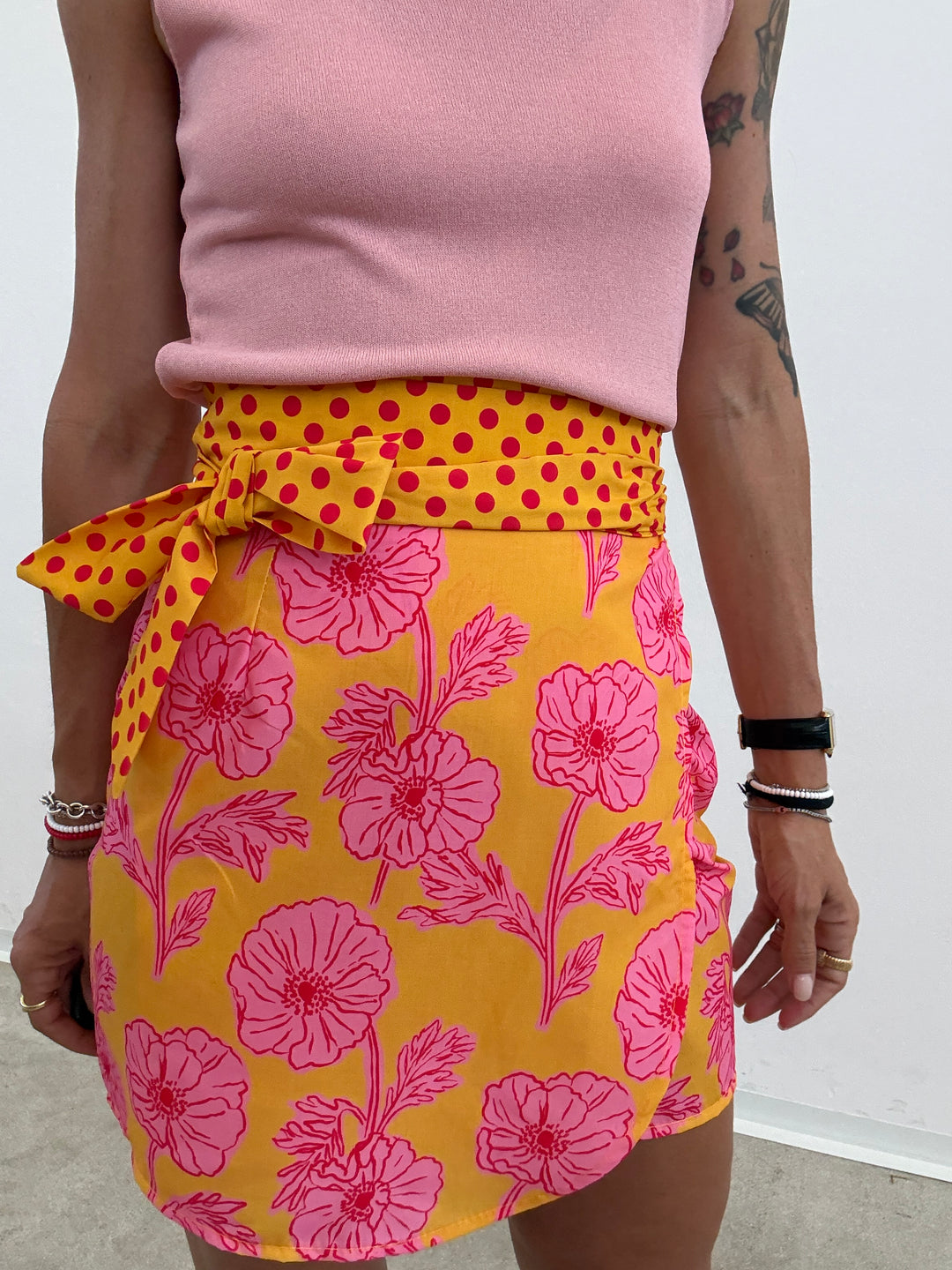 MINIGONNA PAREO POIS FIORI GIALLO ROSA