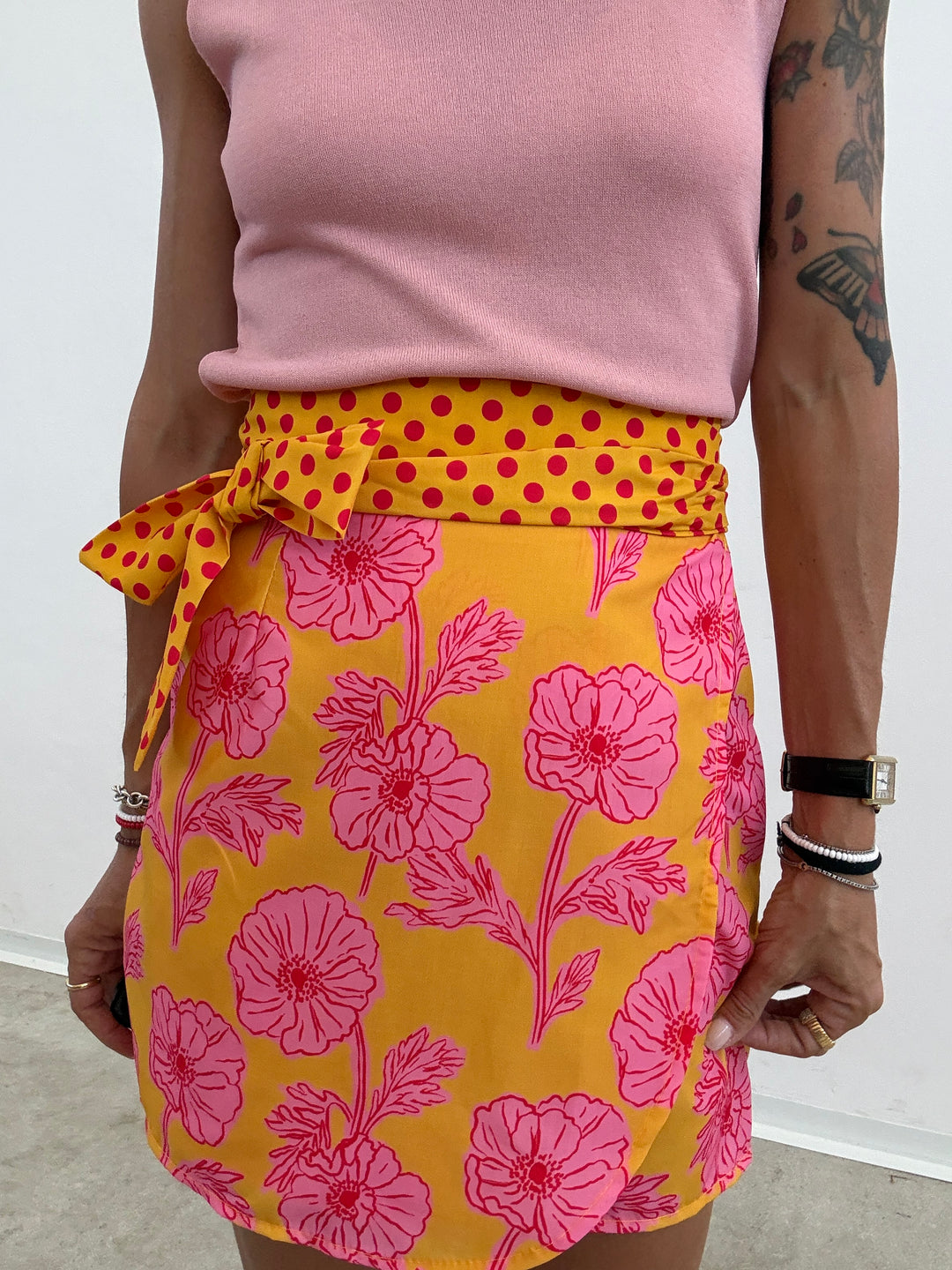 MINIGONNA PAREO POIS FIORI GIALLO ROSA