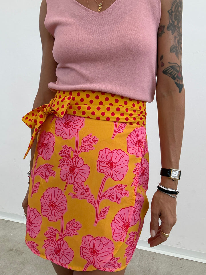 MINIGONNA PAREO POIS FIORI GIALLO ROSA