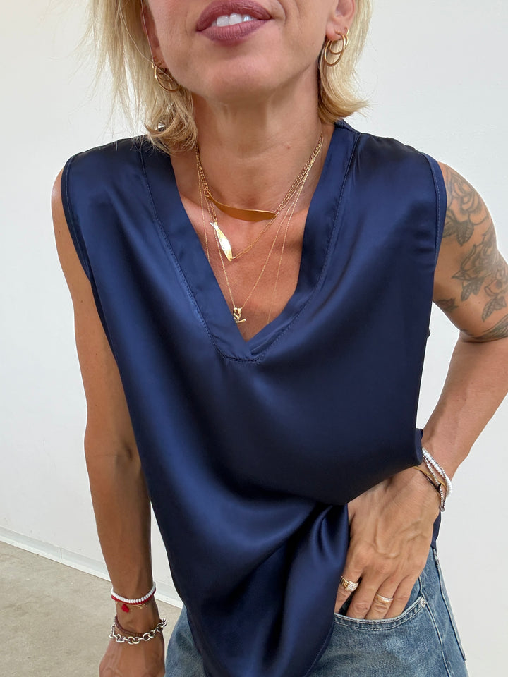 CANOTTA SATIN V BLU NOTTE