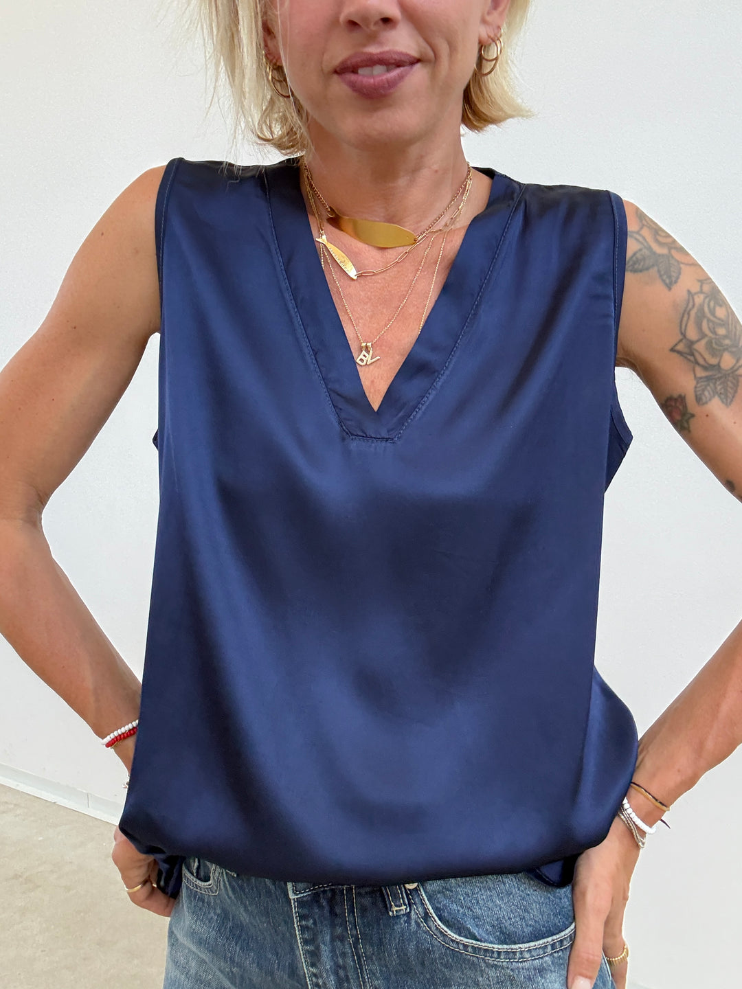 CANOTTA SATIN V BLU NOTTE