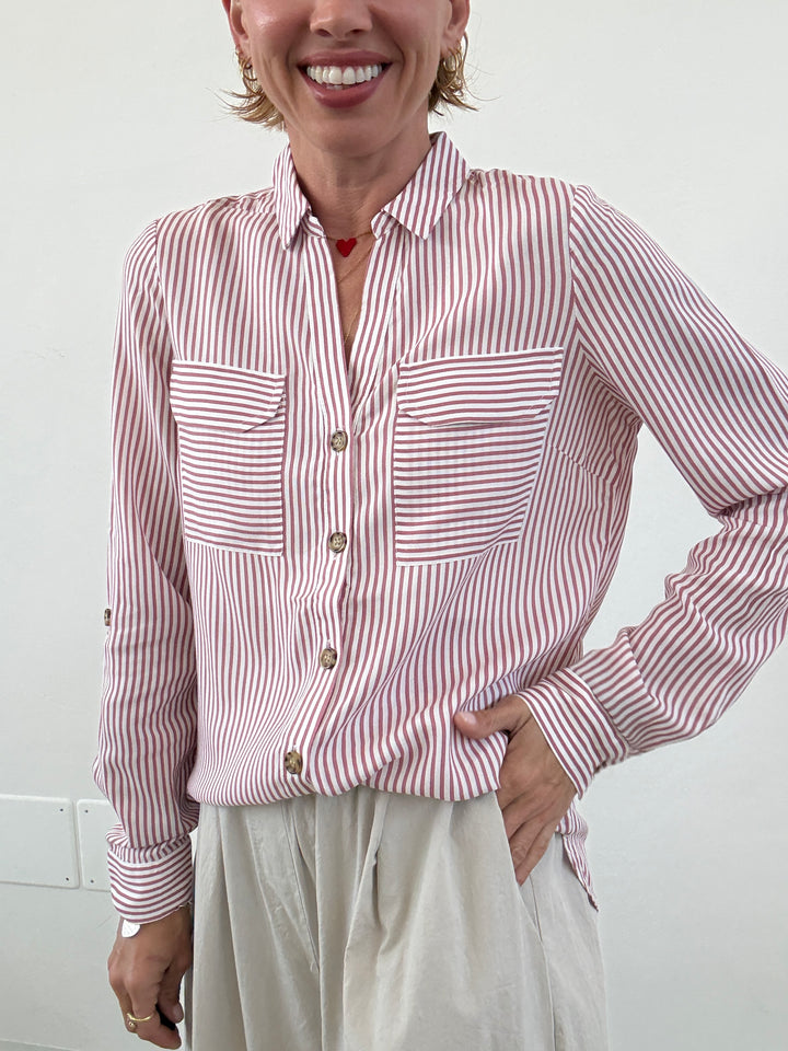 CAMICIA BUMPY RIGHE BIANCA/OLD ROSE