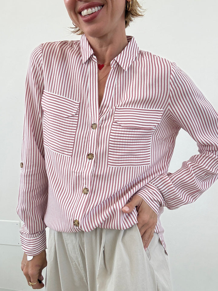 CAMICIA BUMPY RIGHE BIANCA/OLD ROSE