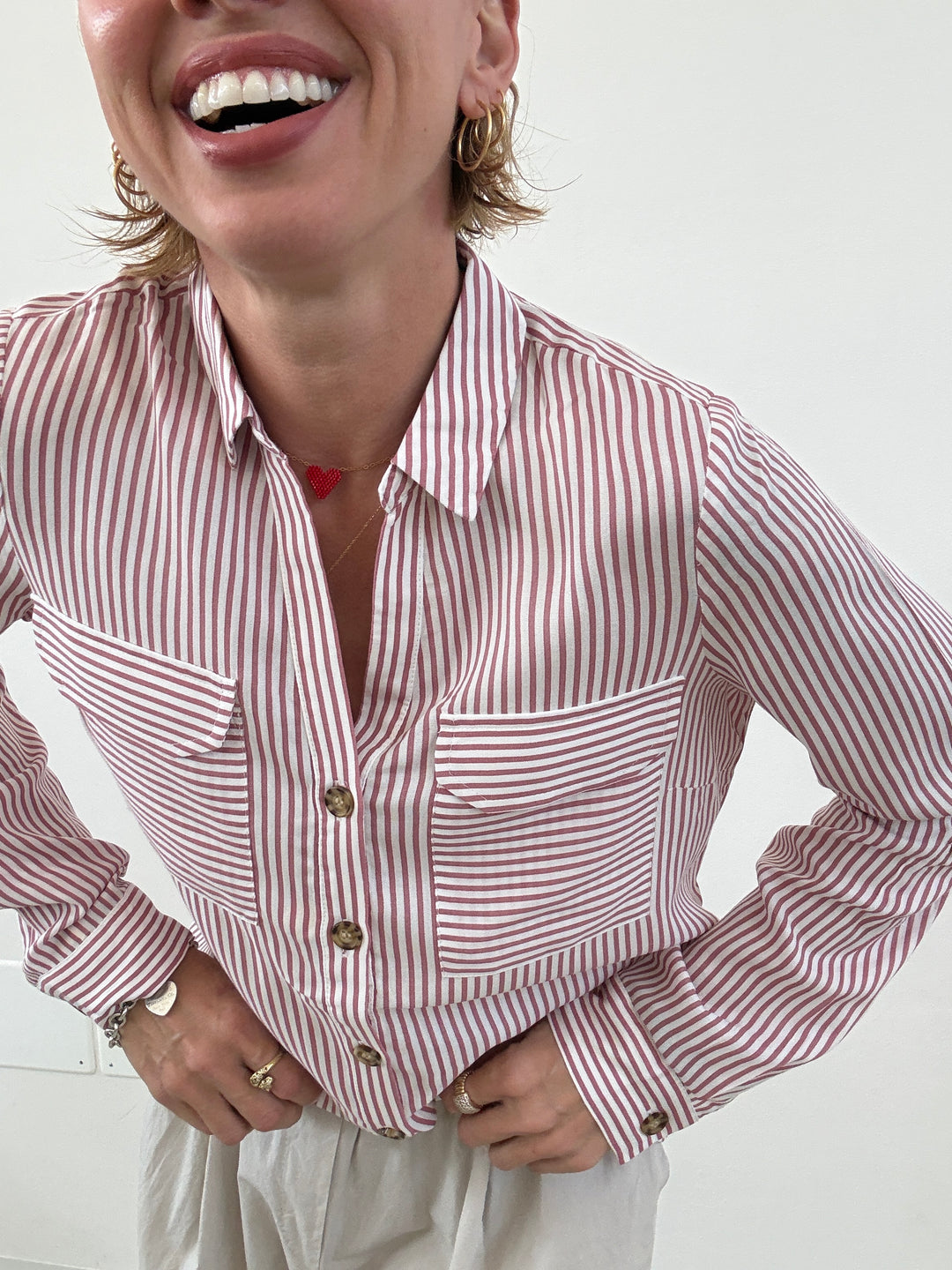 CAMICIA BUMPY RIGHE BIANCA/OLD ROSE