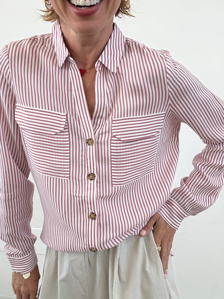 CAMICIA BUMPY RIGHE BIANCA/OLD ROSE