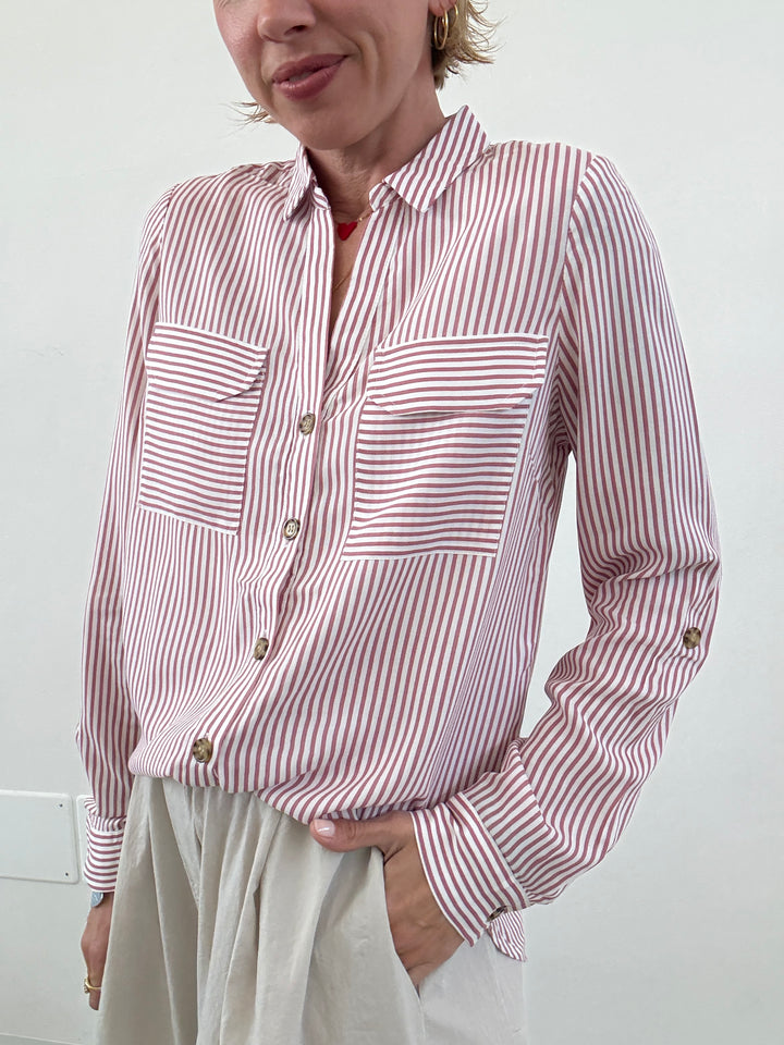 CAMICIA BUMPY RIGHE BIANCA/OLD ROSE
