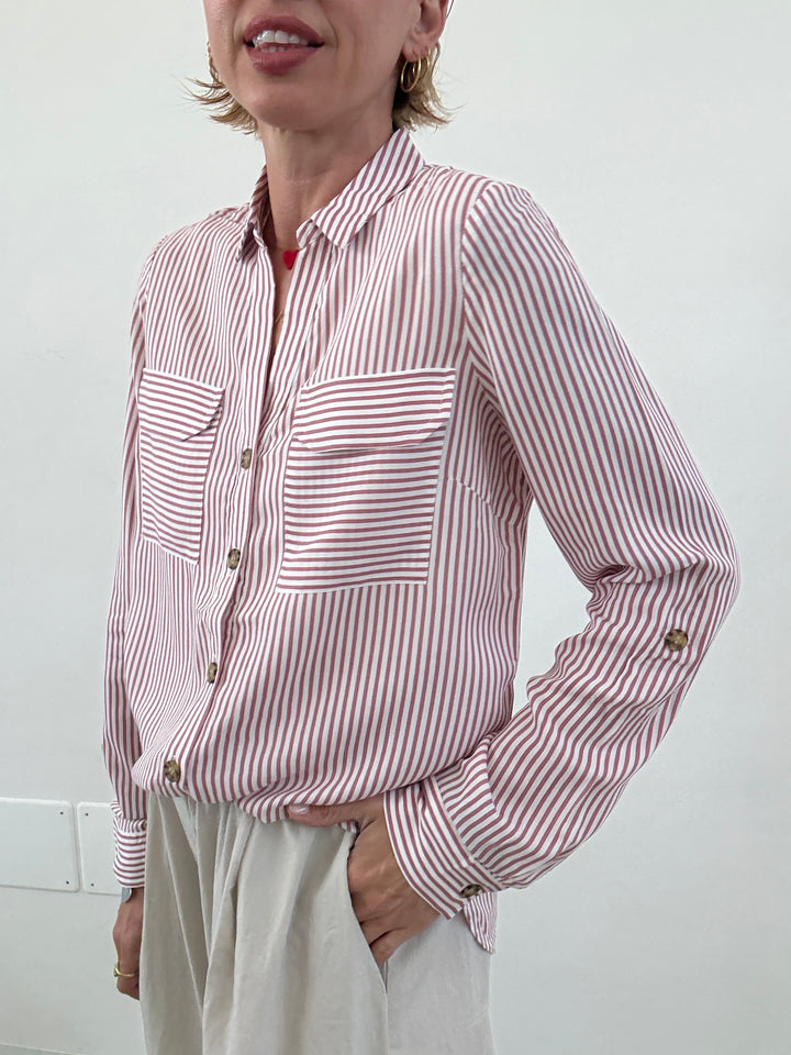 CAMICIA BUMPY RIGHE BIANCA/OLD ROSE