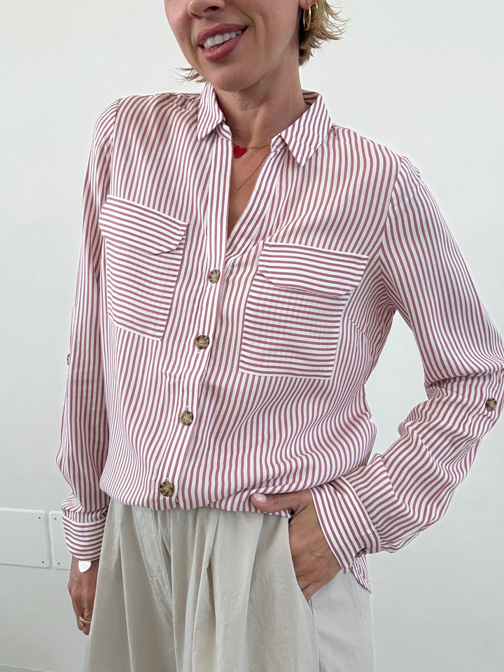 CAMICIA BUMPY RIGHE BIANCA/OLD ROSE