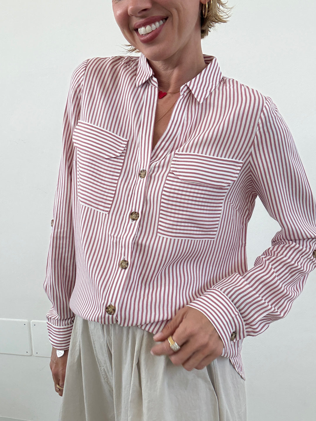 CAMICIA BUMPY RIGHE BIANCA/OLD ROSE