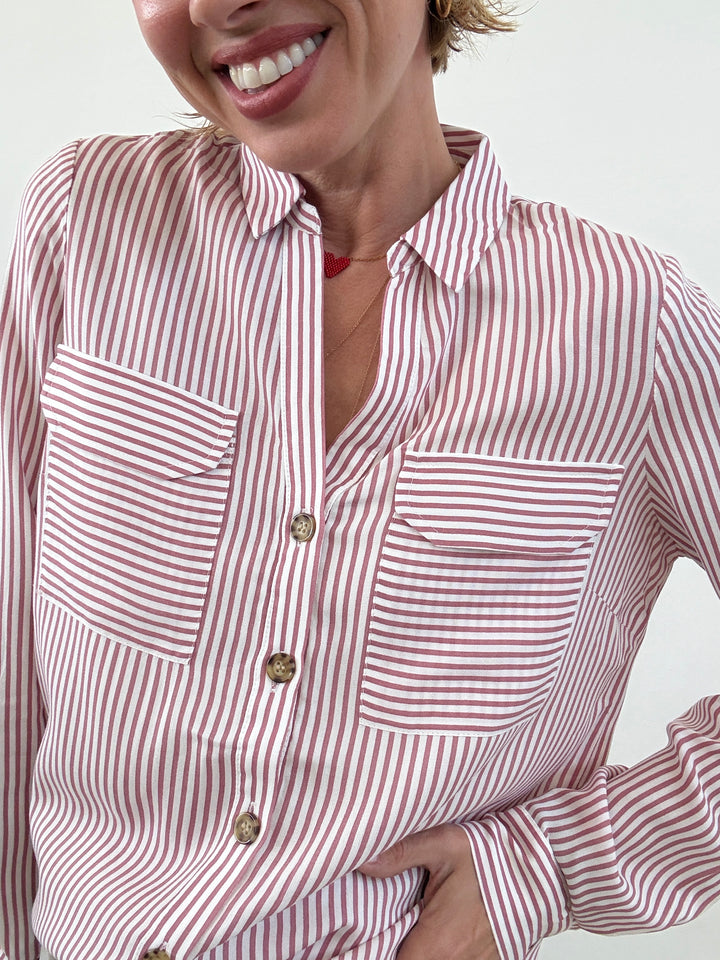 CAMICIA BUMPY RIGHE BIANCA/OLD ROSE