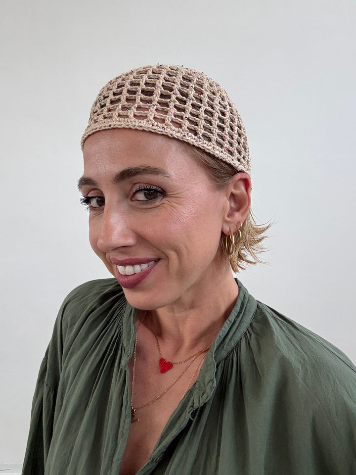 CAPPELLO UNCINETTO BEIGE GLITTER
