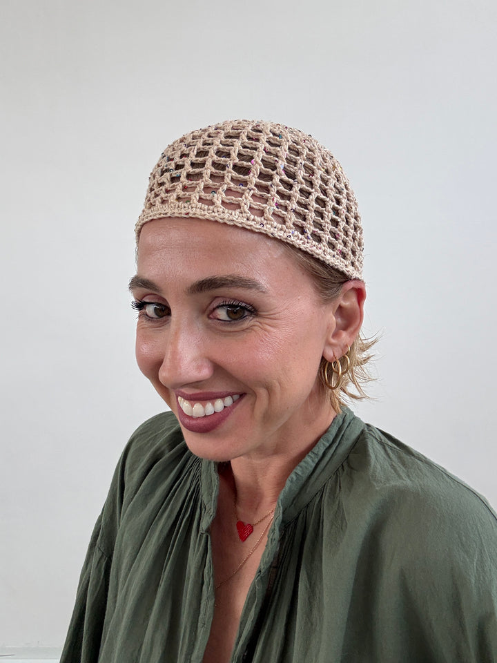 CAPPELLO UNCINETTO BEIGE GLITTER