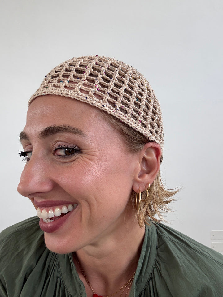 CAPPELLO UNCINETTO BEIGE GLITTER