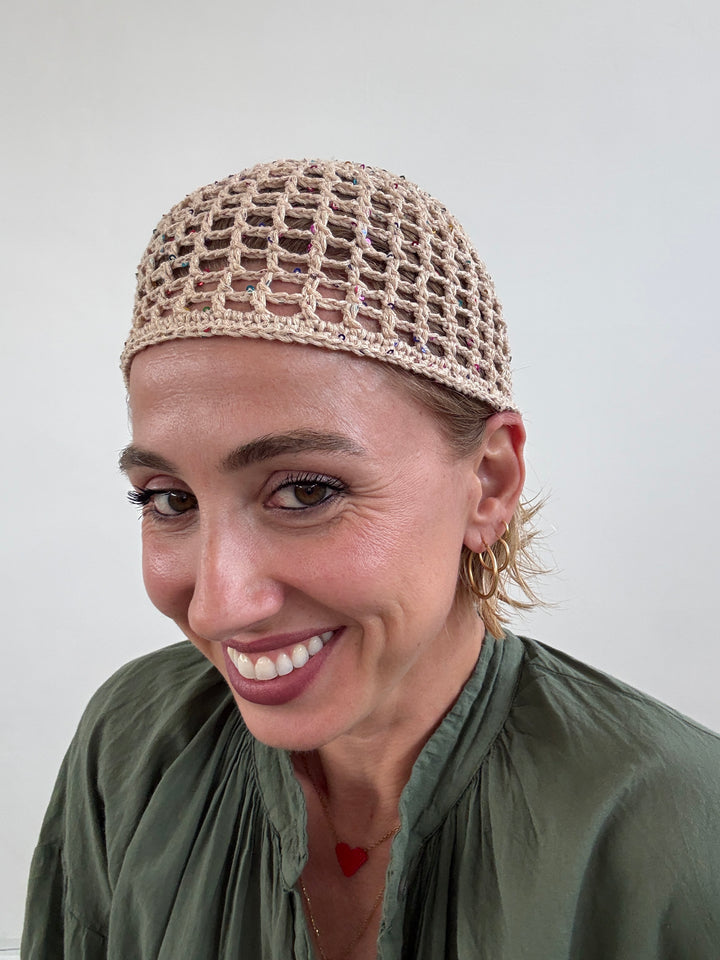 CAPPELLO UNCINETTO BEIGE GLITTER