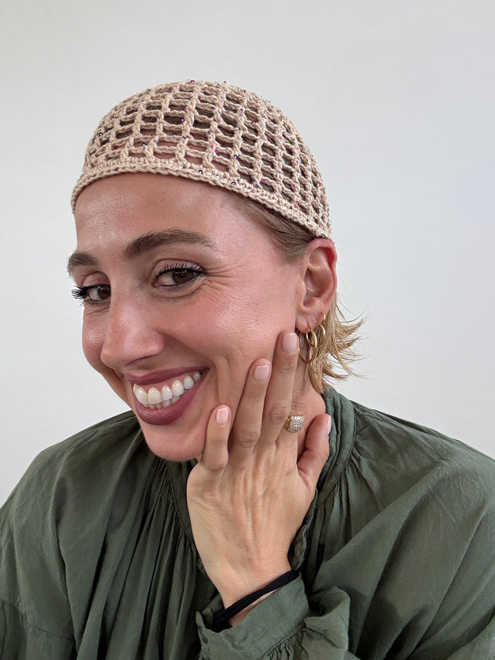 CAPPELLO UNCINETTO BEIGE GLITTER