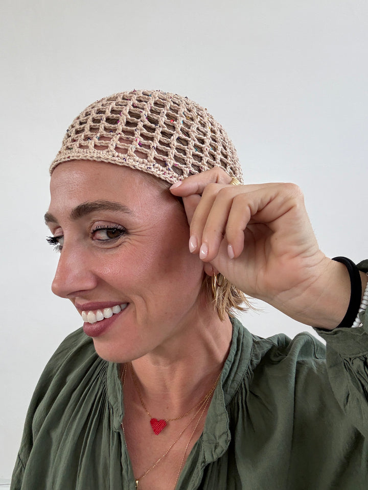 CAPPELLO UNCINETTO BEIGE GLITTER
