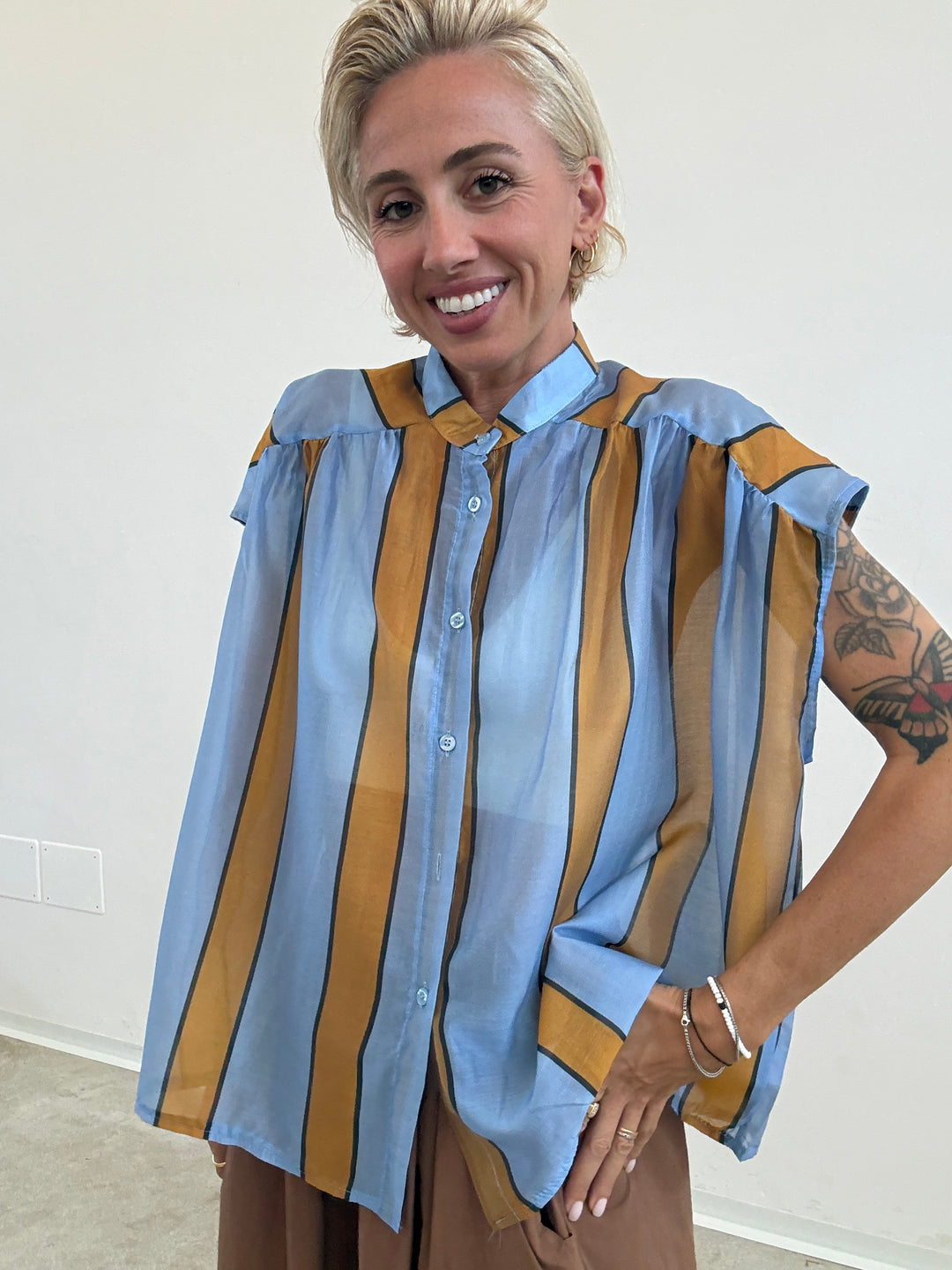 CAMICIA GIROMANICA RIGHE CIELO/OCRA