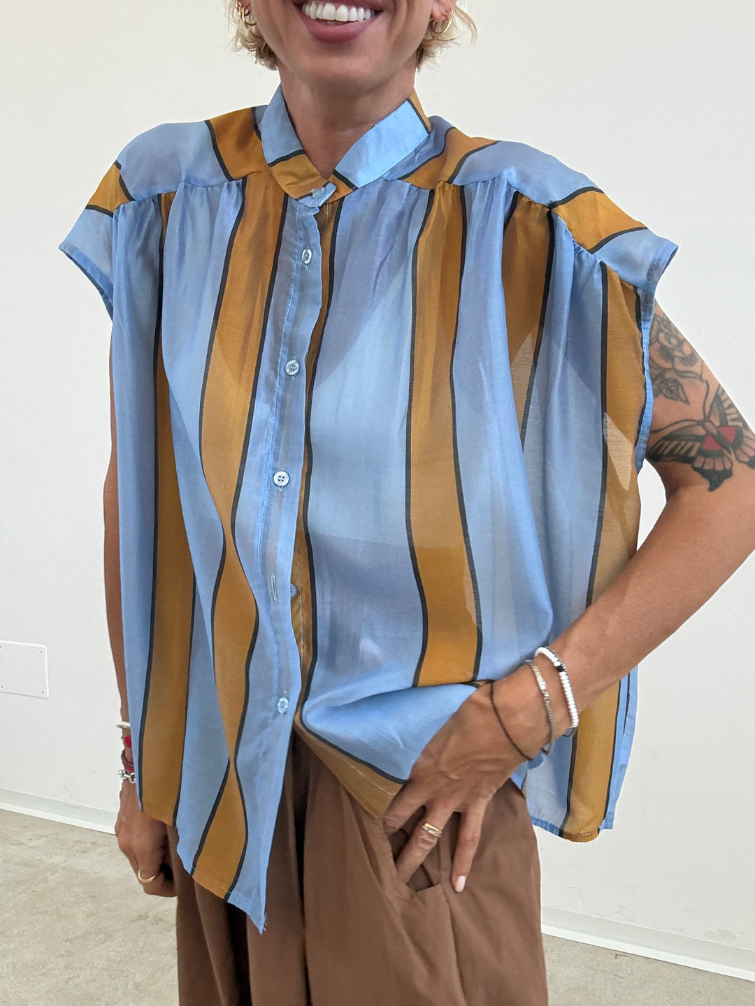 CAMICIA GIROMANICA RIGHE CIELO/OCRA