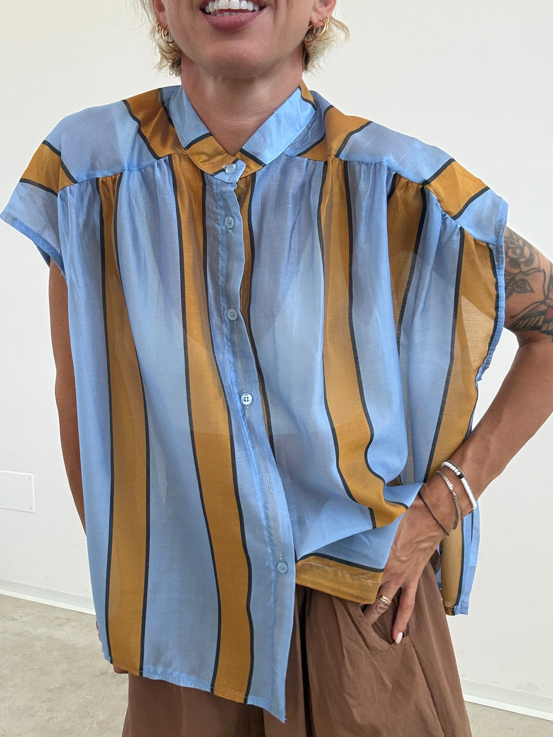 CAMICIA GIROMANICA RIGHE CIELO/OCRA