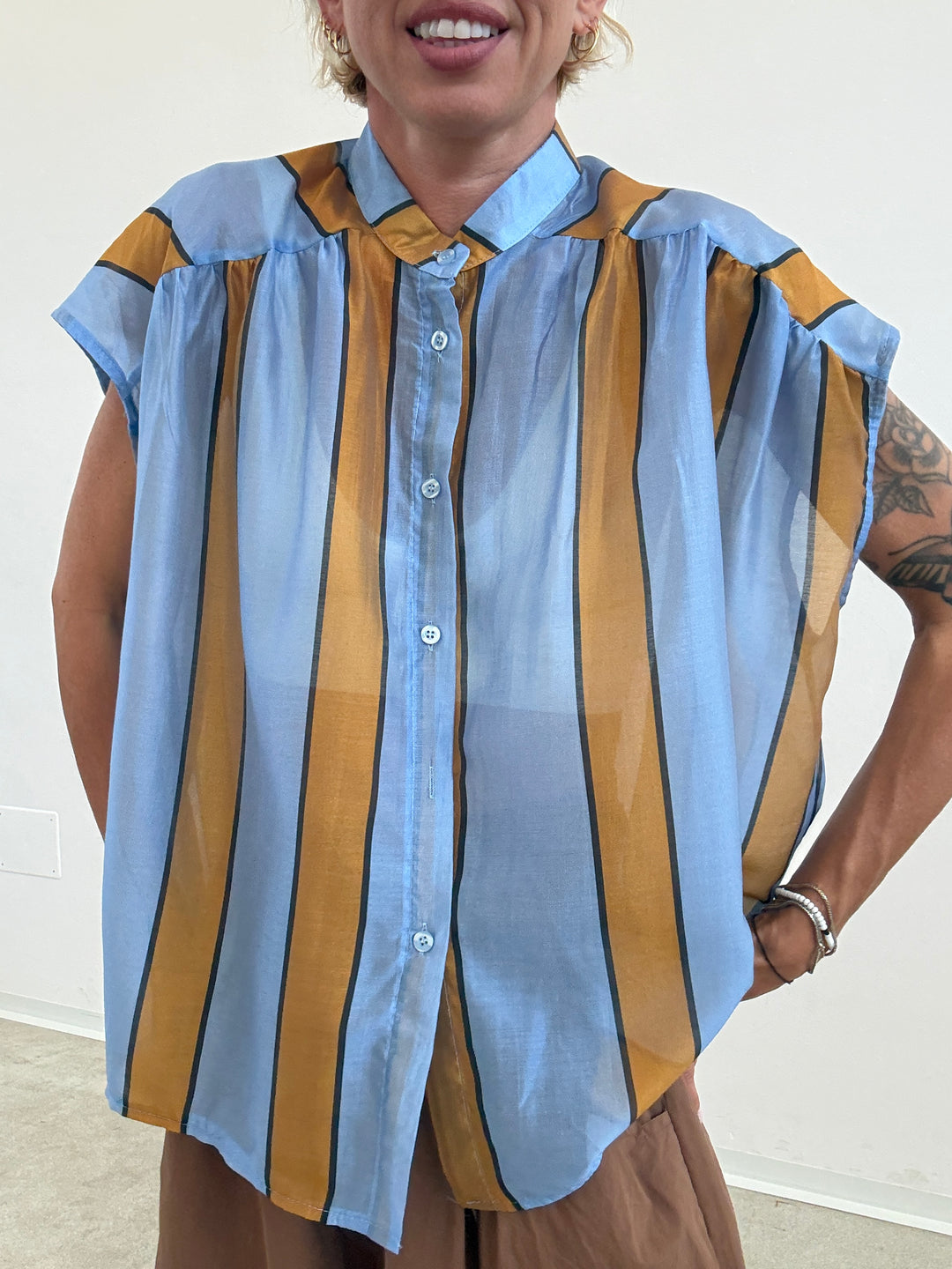 CAMICIA GIROMANICA RIGHE CIELO/OCRA