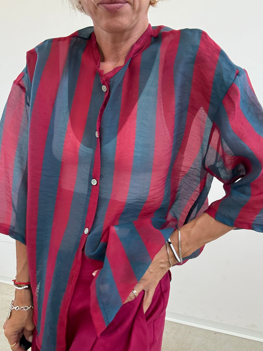 CAMICIA MANICA CORTA RIGHE PETROLIO/CILIEGIA