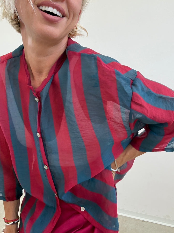 CAMICIA MANICA CORTA RIGHE PETROLIO/CILIEGIA