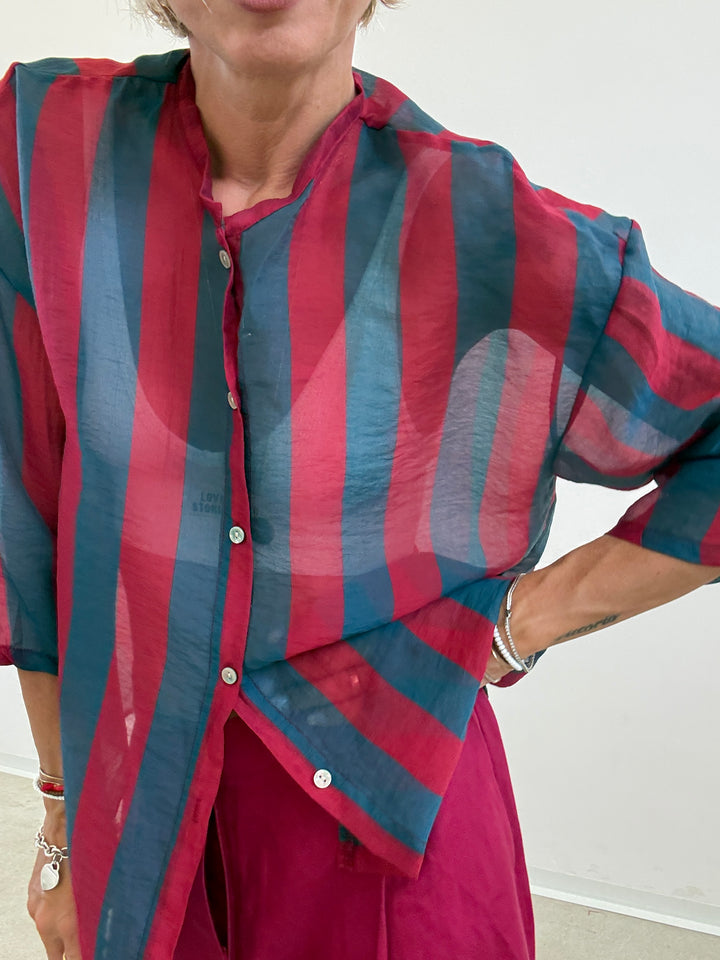 CAMICIA MANICA CORTA RIGHE PETROLIO/CILIEGIA