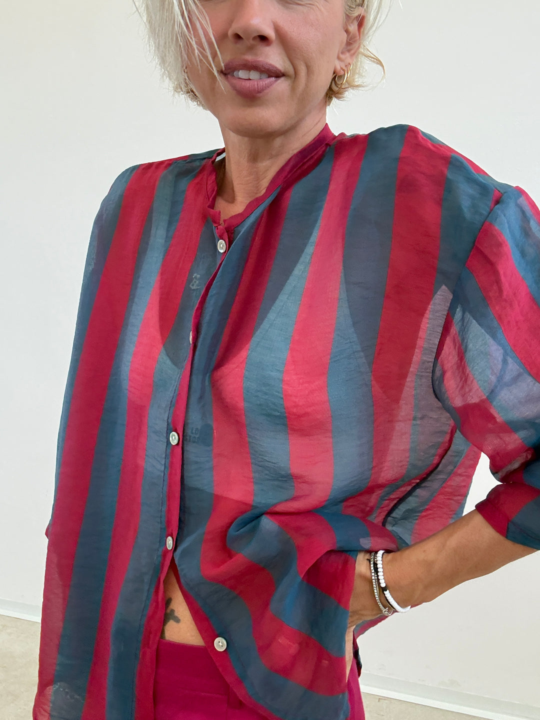 CAMICIA MANICA CORTA RIGHE PETROLIO/CILIEGIA