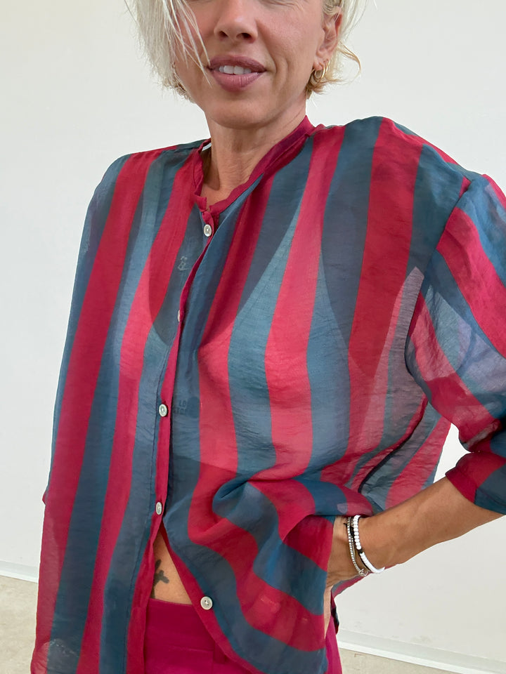 CAMICIA MANICA CORTA RIGHE PETROLIO/CILIEGIA