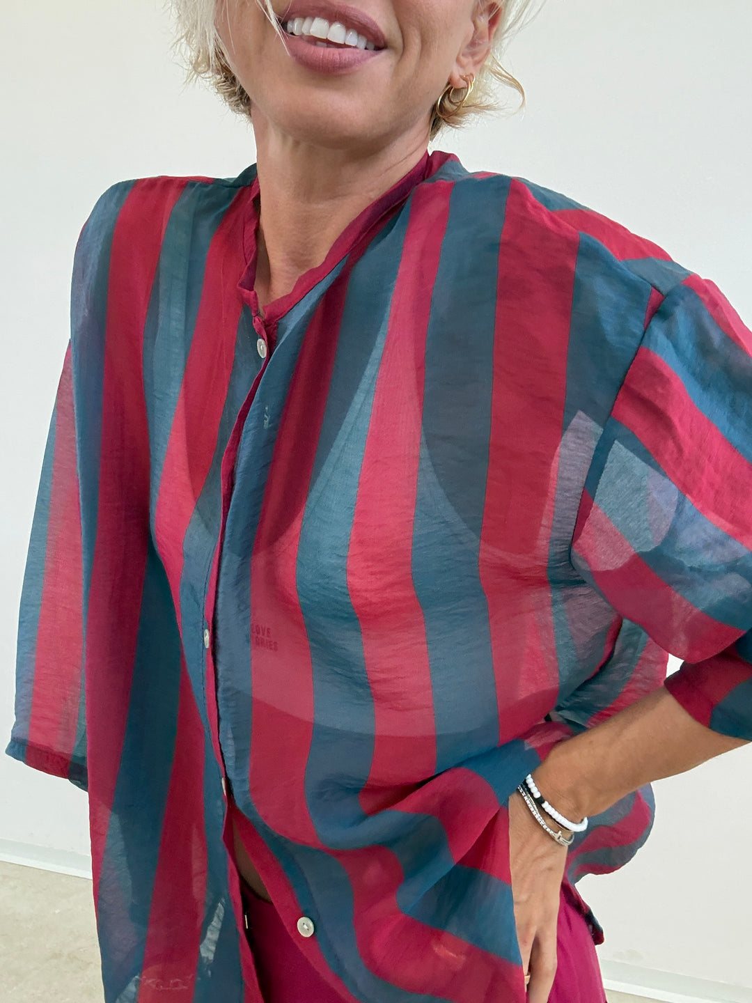 CAMICIA MANICA CORTA RIGHE PETROLIO/CILIEGIA