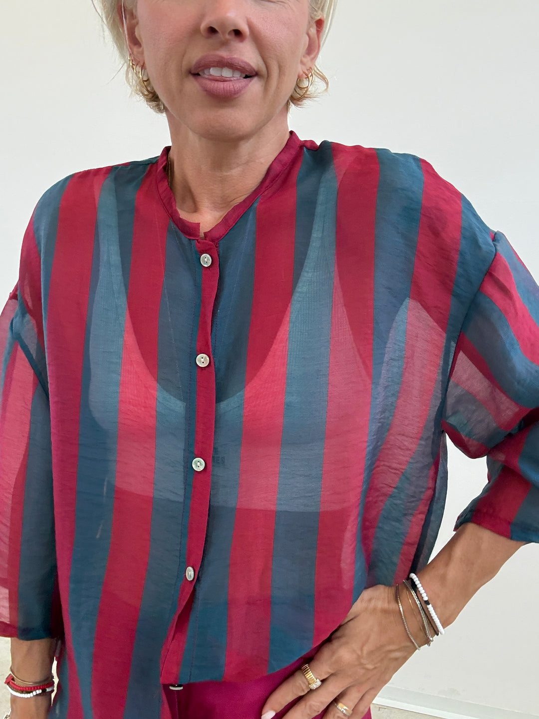 CAMICIA MANICA CORTA RIGHE PETROLIO/CILIEGIA