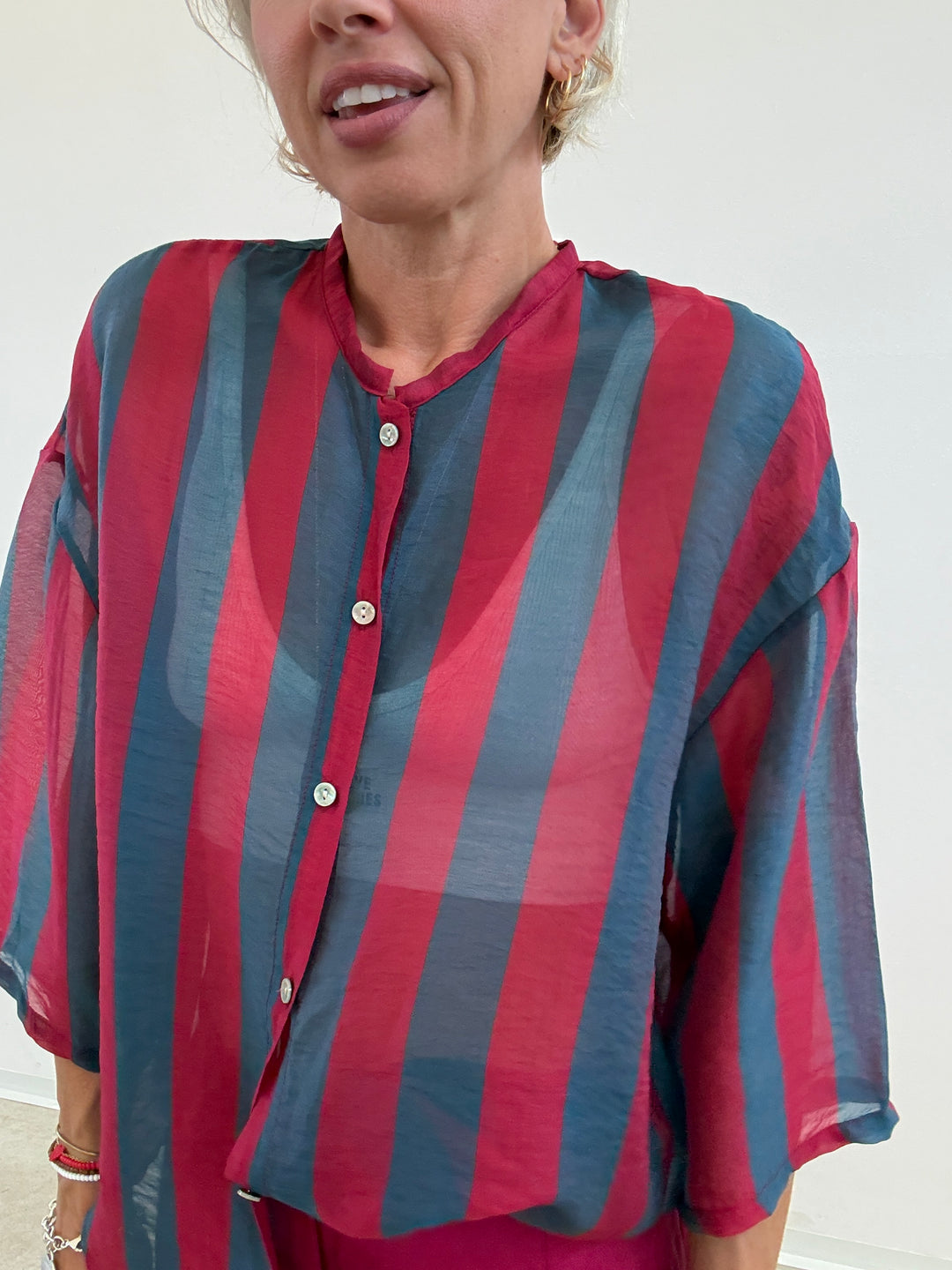 CAMICIA MANICA CORTA RIGHE PETROLIO/CILIEGIA