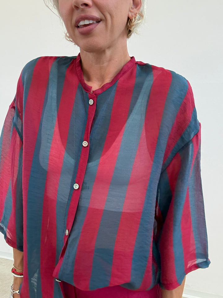 CAMICIA MANICA CORTA RIGHE PETROLIO/CILIEGIA