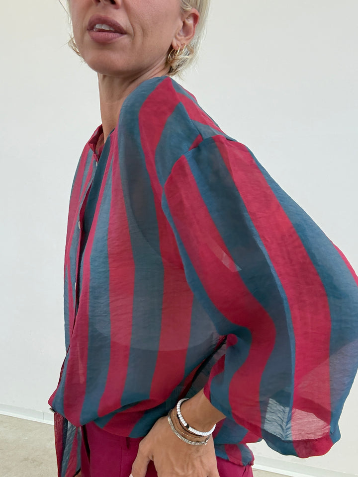 CAMICIA MANICA CORTA RIGHE PETROLIO/CILIEGIA
