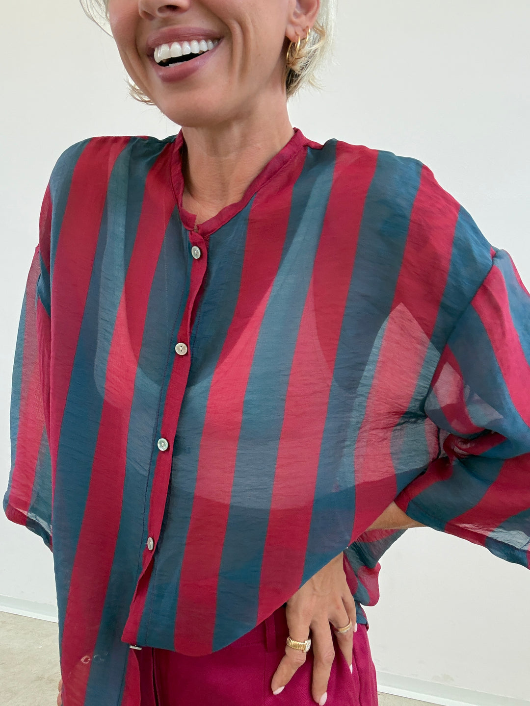 CAMICIA MANICA CORTA RIGHE PETROLIO/CILIEGIA