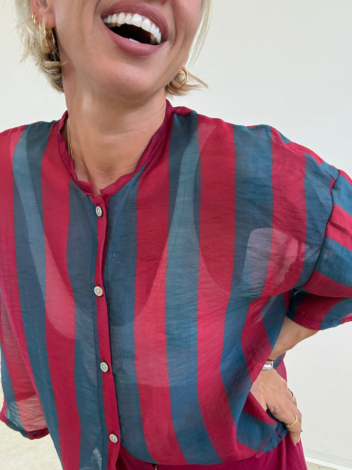 CAMICIA MANICA CORTA RIGHE PETROLIO/CILIEGIA