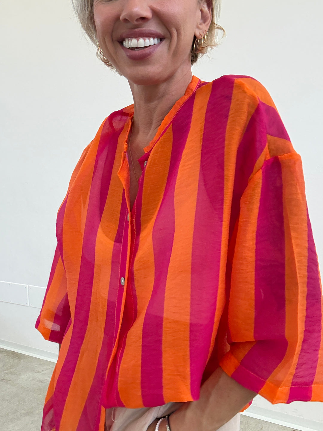 CAMICIA MANICA CORTA RIGHE ARANCIO/FUCSIA