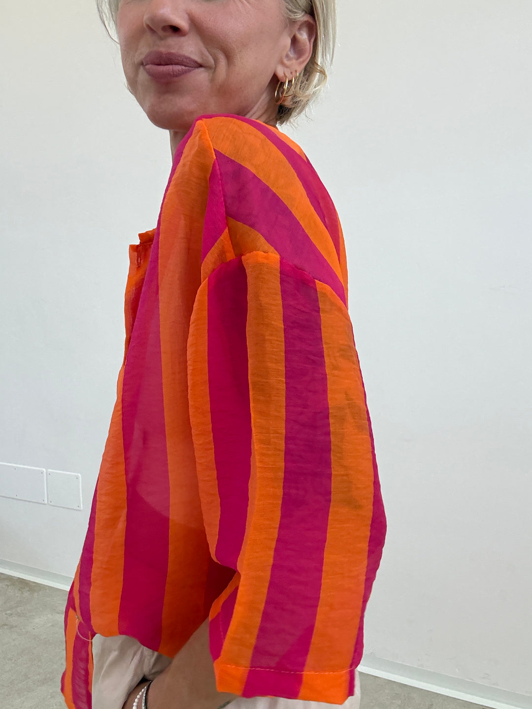 CAMICIA MANICA CORTA RIGHE ARANCIO/FUCSIA
