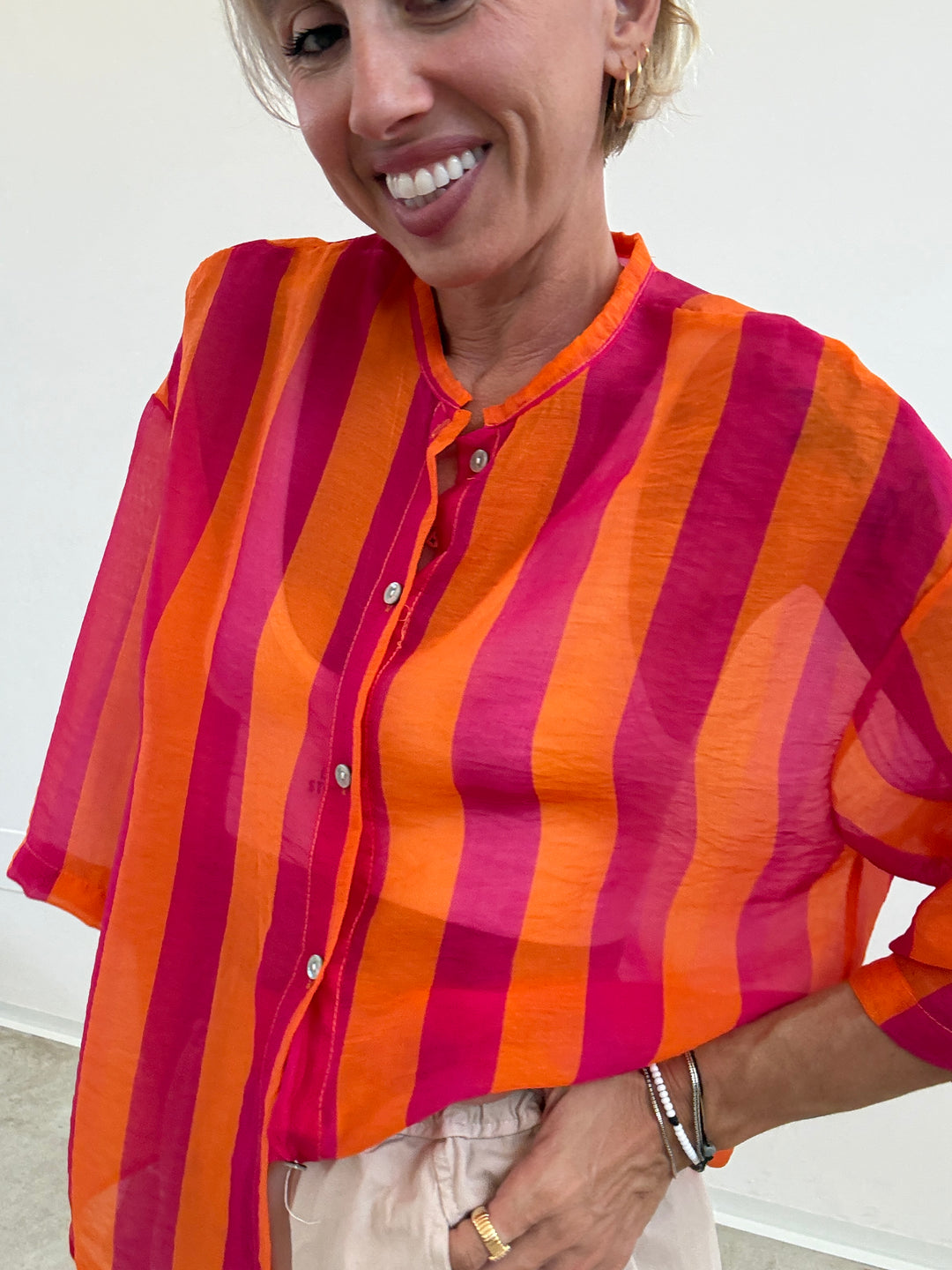 CAMICIA MANICA CORTA RIGHE ARANCIO/FUCSIA